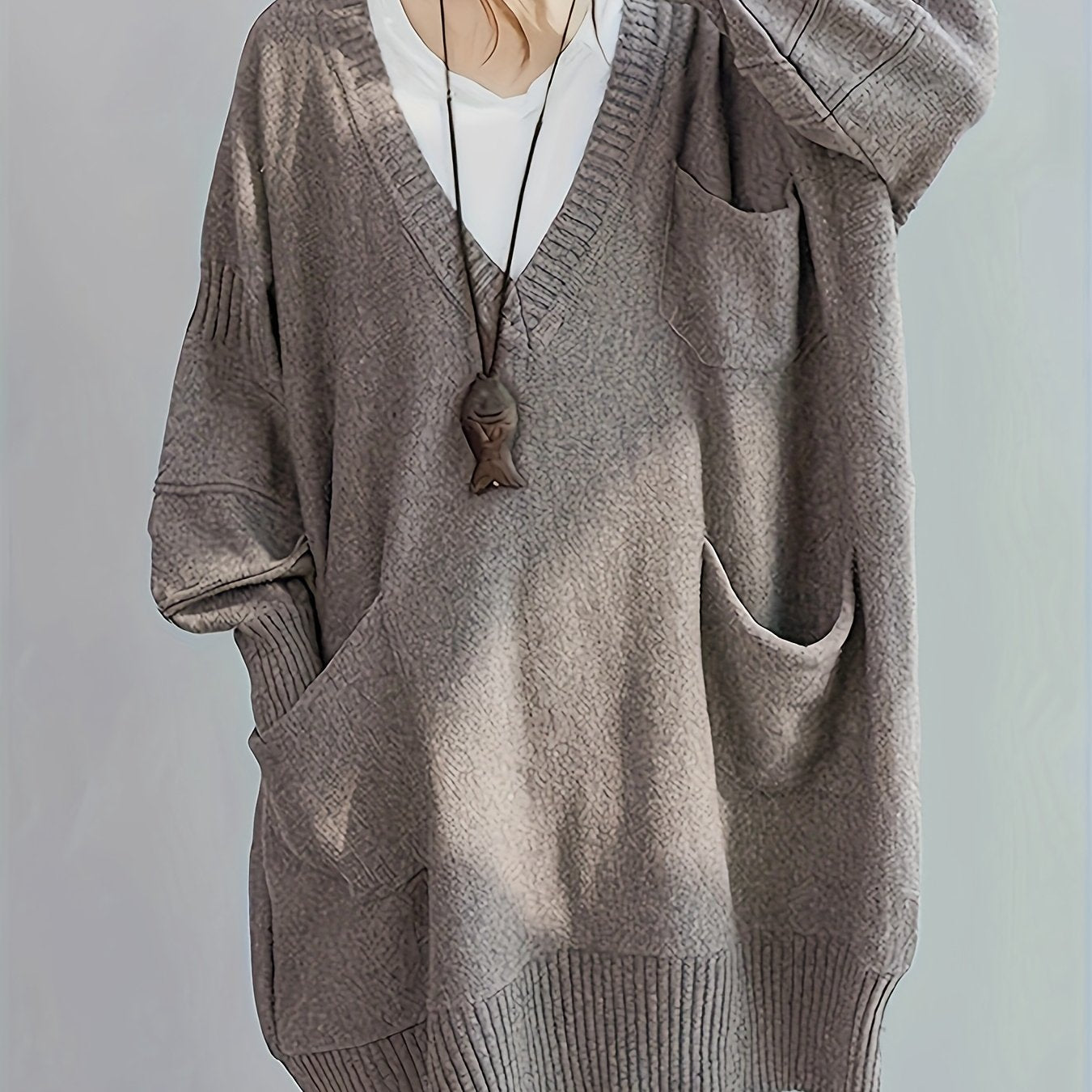 Plus Size Women's V-Neck Oversized Sweater Black Longline Casual Pullover