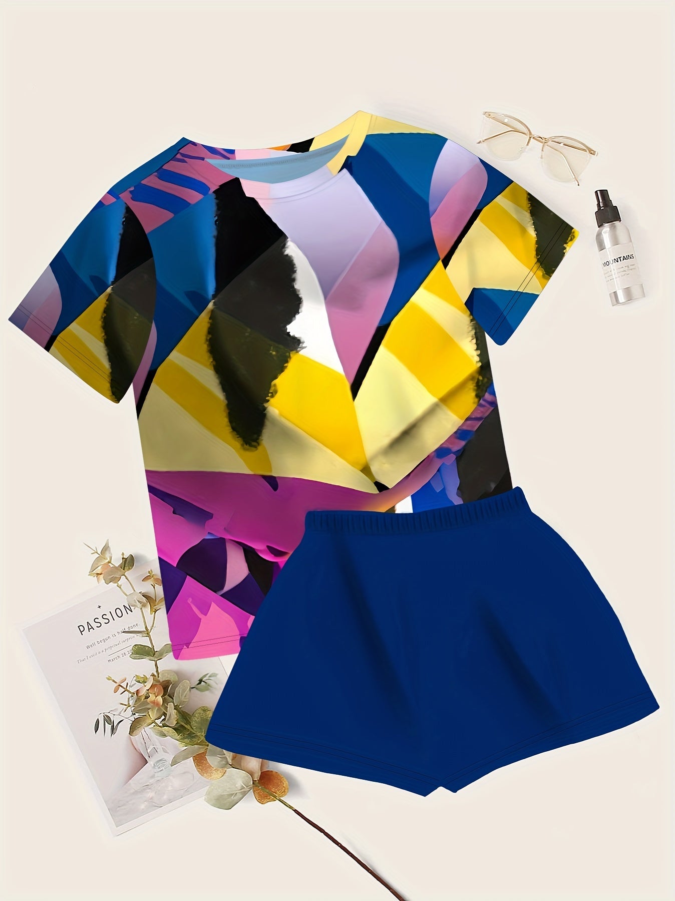 Women's Plus Size Geo Print Lounge Set Short Sleeve Crew Neck Top and Shorts Pajama