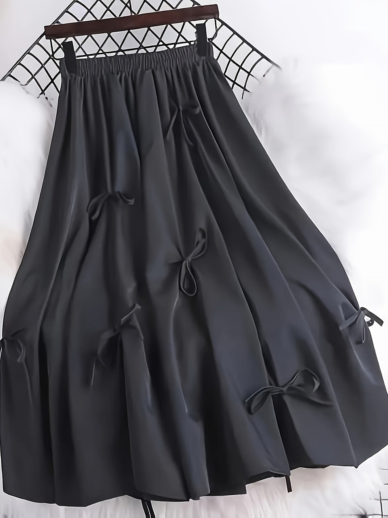 Plus Size Women's Black A-Line Skirt with Front Bow Flared Hem