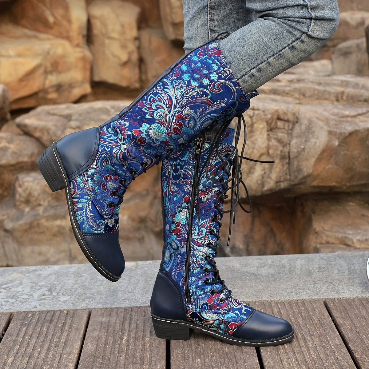 Women's Ethnic Style Lace-Up Mid-Calf Boots Colorful Patterns Casual Shoes