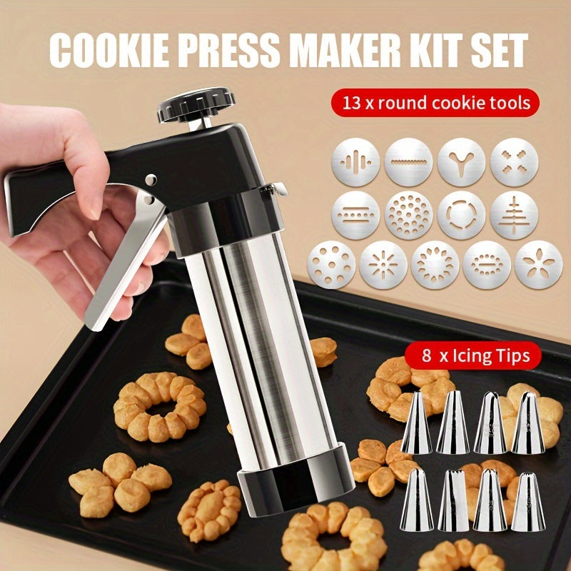 Stainless Steel Cookie Press Kit with 22 Pieces Including Cookie and Icing Tips