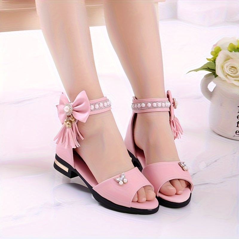 Girls Summer Open Toe Sandals with Bowknot Low Top PU Material for Vacation and Casual Wear
