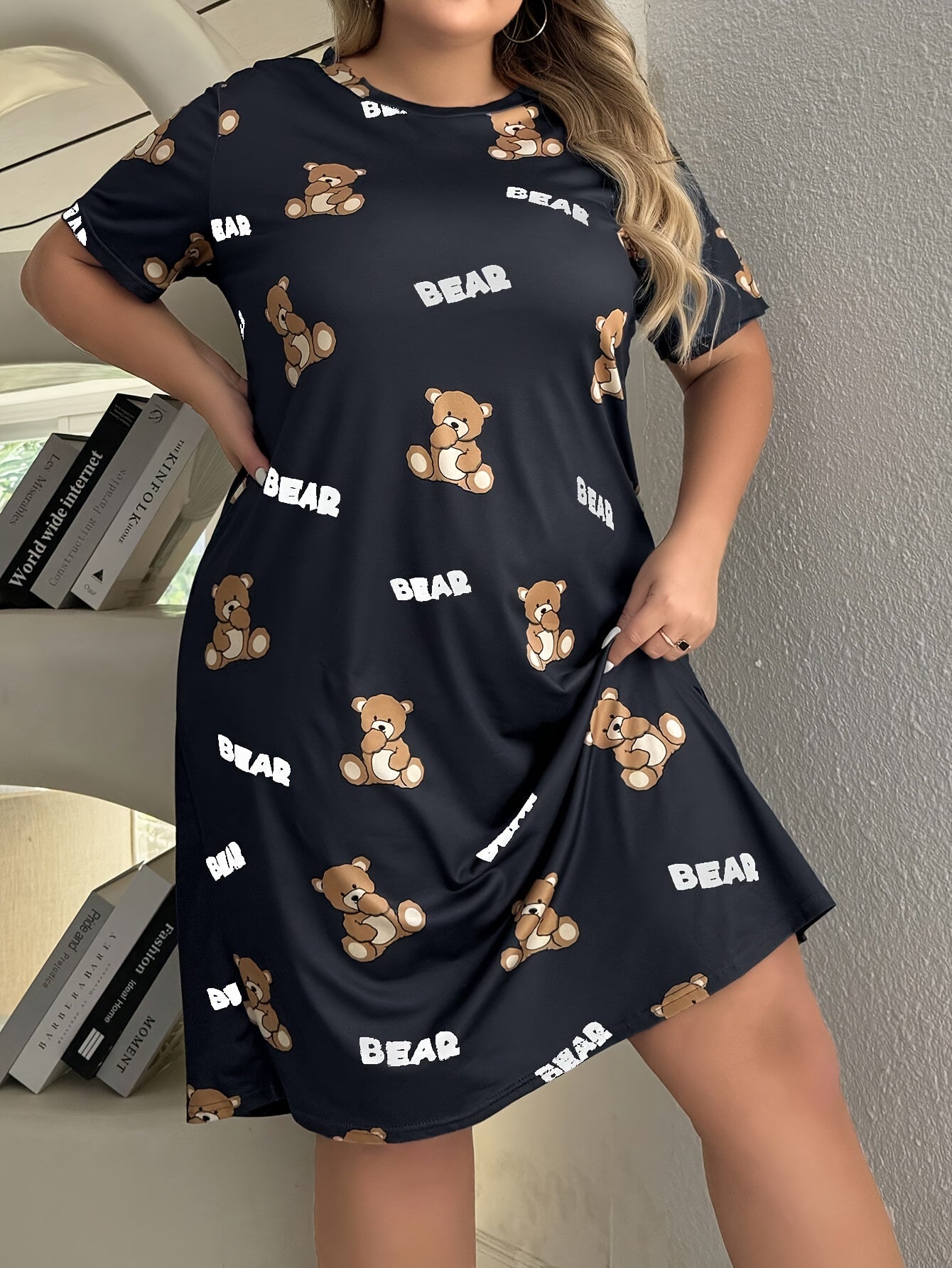 Plus Size Women's Cotton Cartoon Bear Sleep Dress Short Sleeve Nightwear