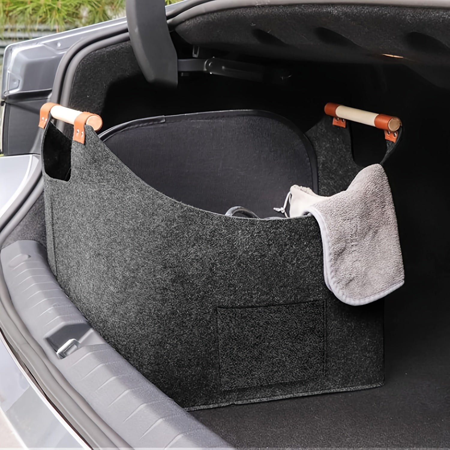 Set of 2 Large Firewood Baskets with Wooden Handles, Dark Gray Felt Storage