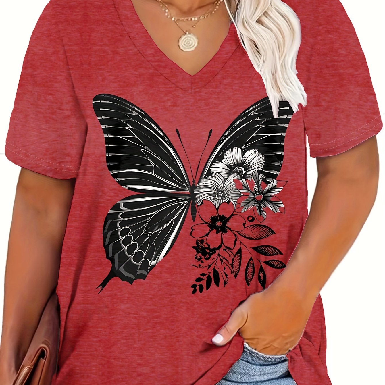 Plus Size Women's Butterfly Print V-Neck T-Shirt Casual Summer Loose Fit Top