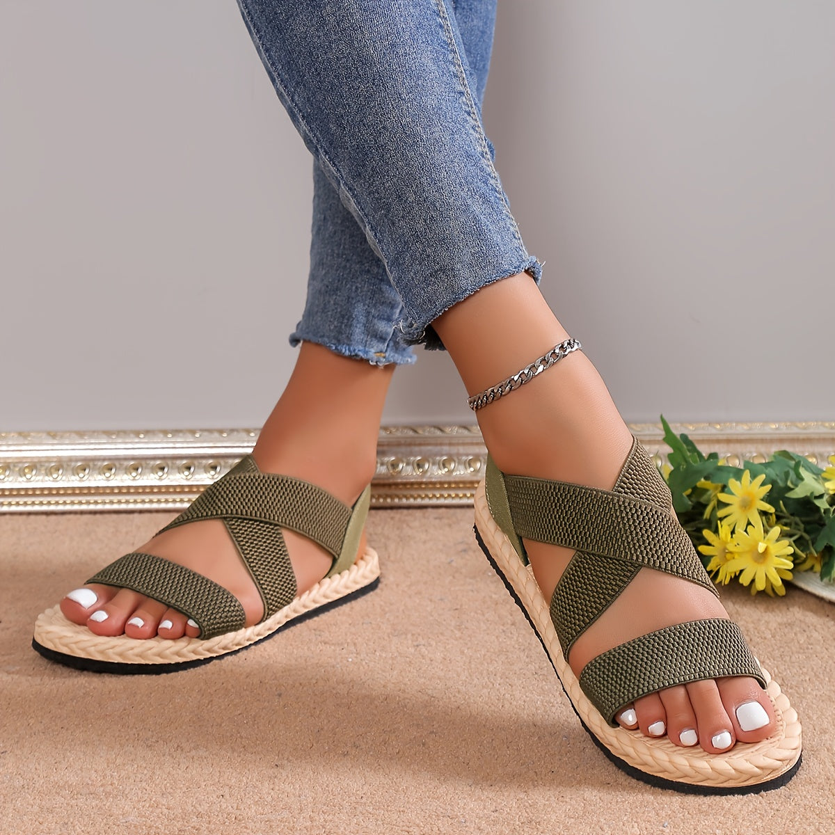 Women Casual Flat Heel Sandals Ankle Strap Slip-On Summer Beach Shoes