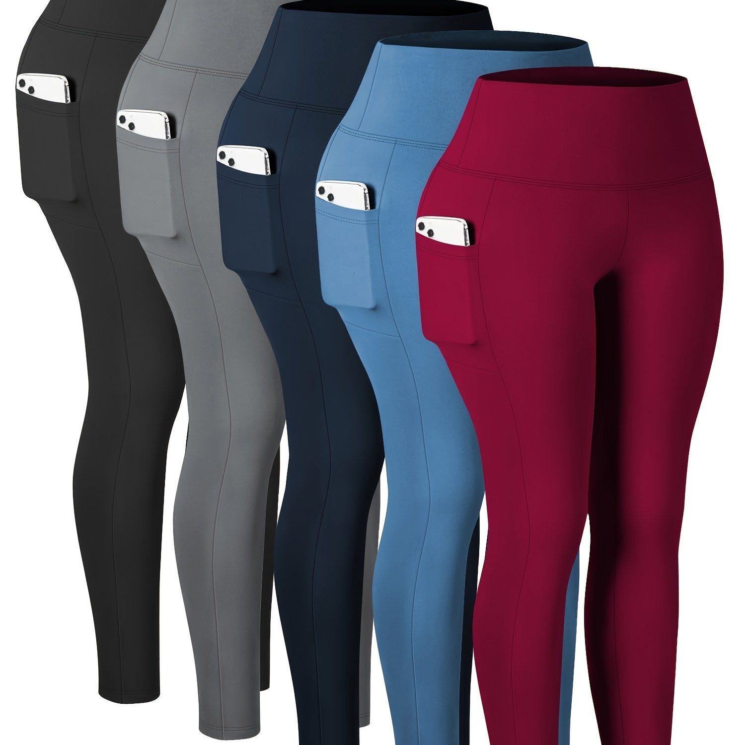 Plus Size Women High-Waisted Leggings Set With Side Pockets 5 Pack