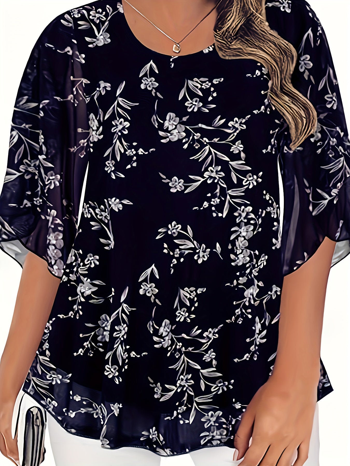 Black Floral Chiffon Blouse with Ruffle Sleeves for Summer Women’s Semi-Sheer Top
