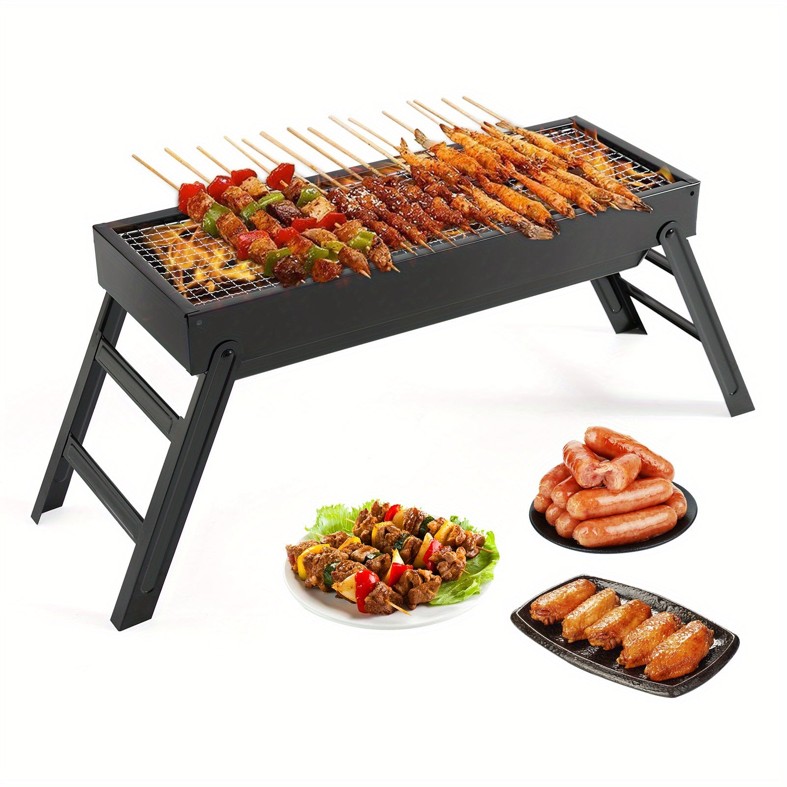 Portable stainless steel foldable charcoal grill with adjustable racks for outdoor cooking camping picnics backyard BBQs kebabs burgers