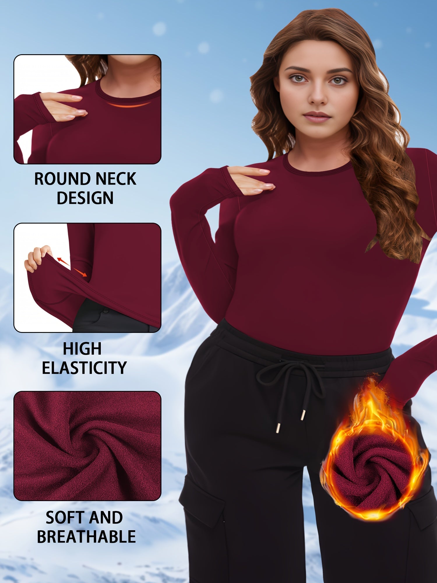 Plus Size Women Fleece Winter Warm Underwear Top Solid Color 3-Pack