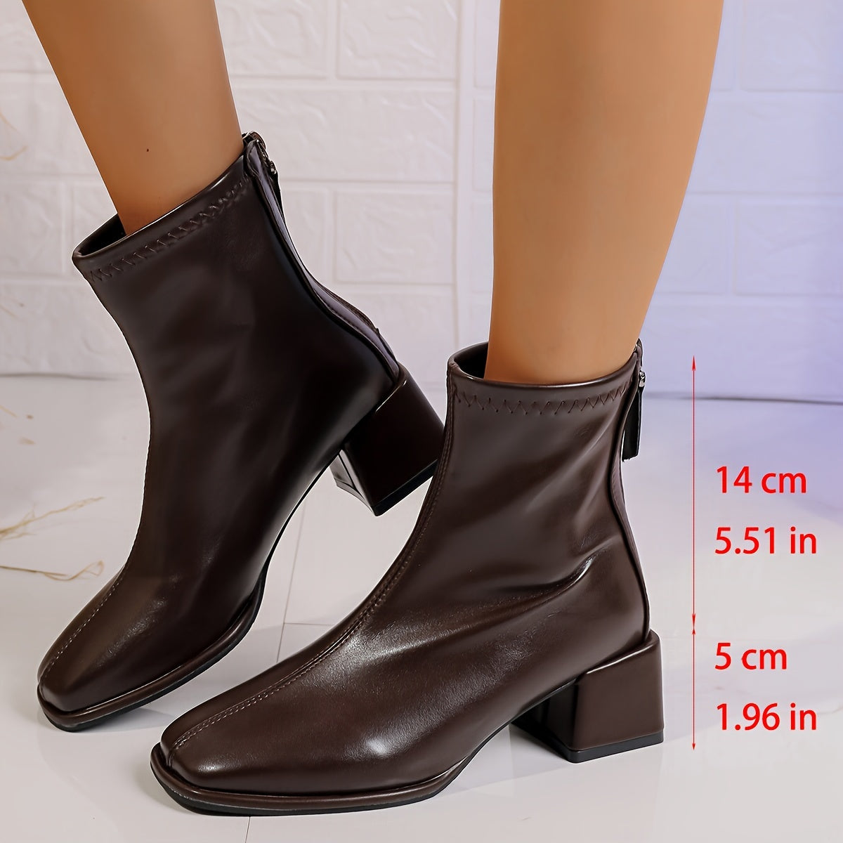 Women's Winter Boots Leather Thick Heel Square Toe Zipper Closure
