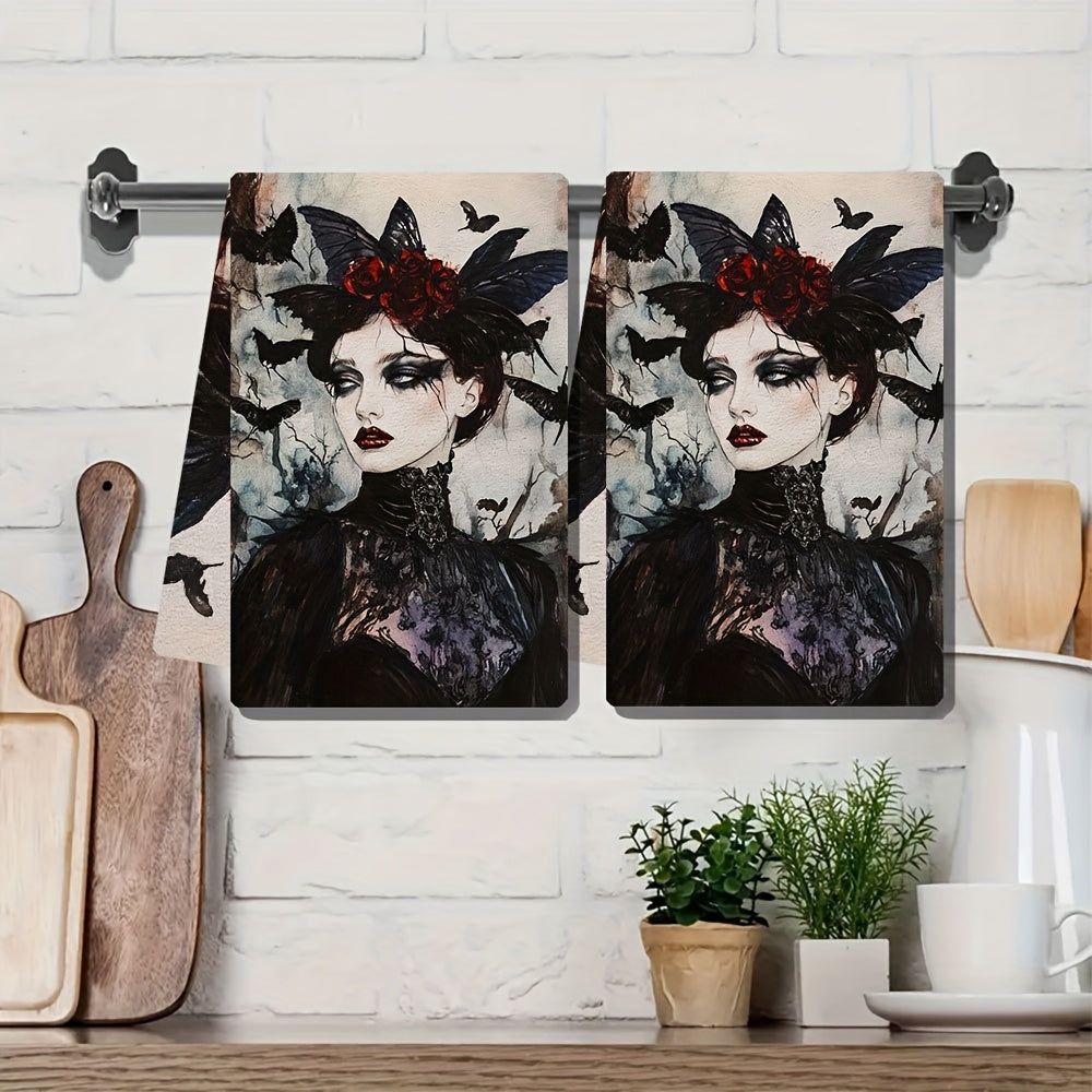 Two Pieces Gothic Kitchen Towels Red Roses Black Lace Absorbent 40x60 cm