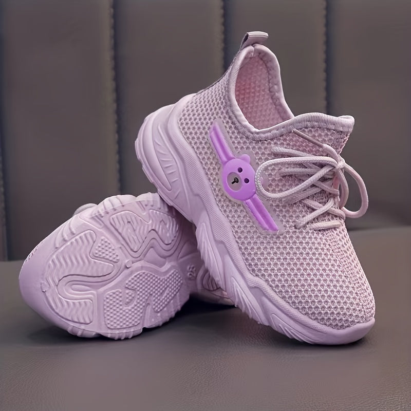 Kids' Pink Knit Sneakers with Cartoon Bear Design Non-Slip Rubber Sole Lace-Up