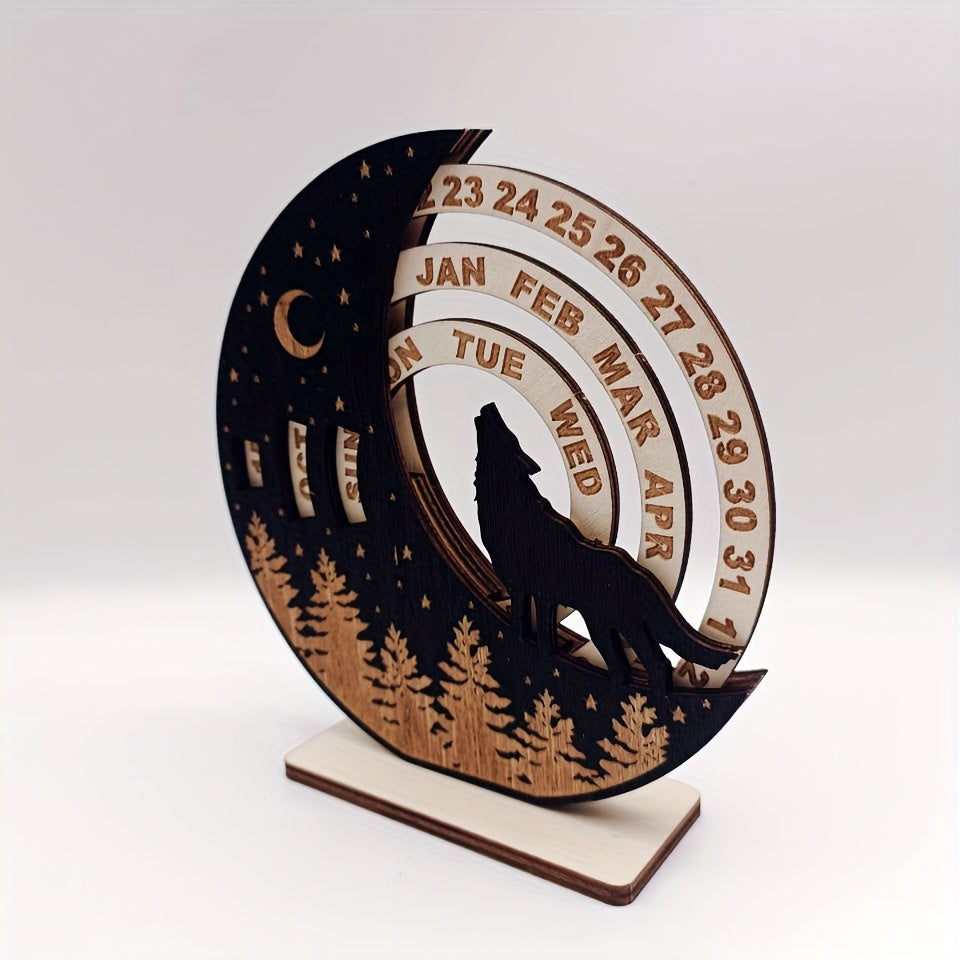 2023 Rustic Wooden Wall Calendar Wolf and Cat Design No Electricity Needed Holiday Decor