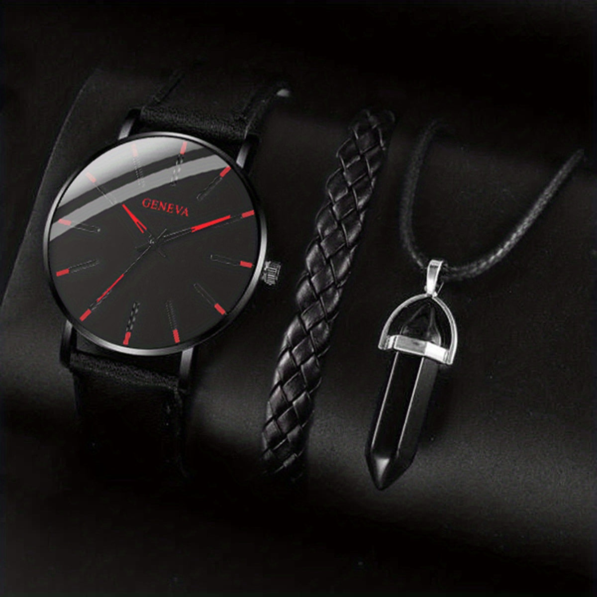 Men's Casual Jewelry Set with Quartz Watch Bracelet and Necklace