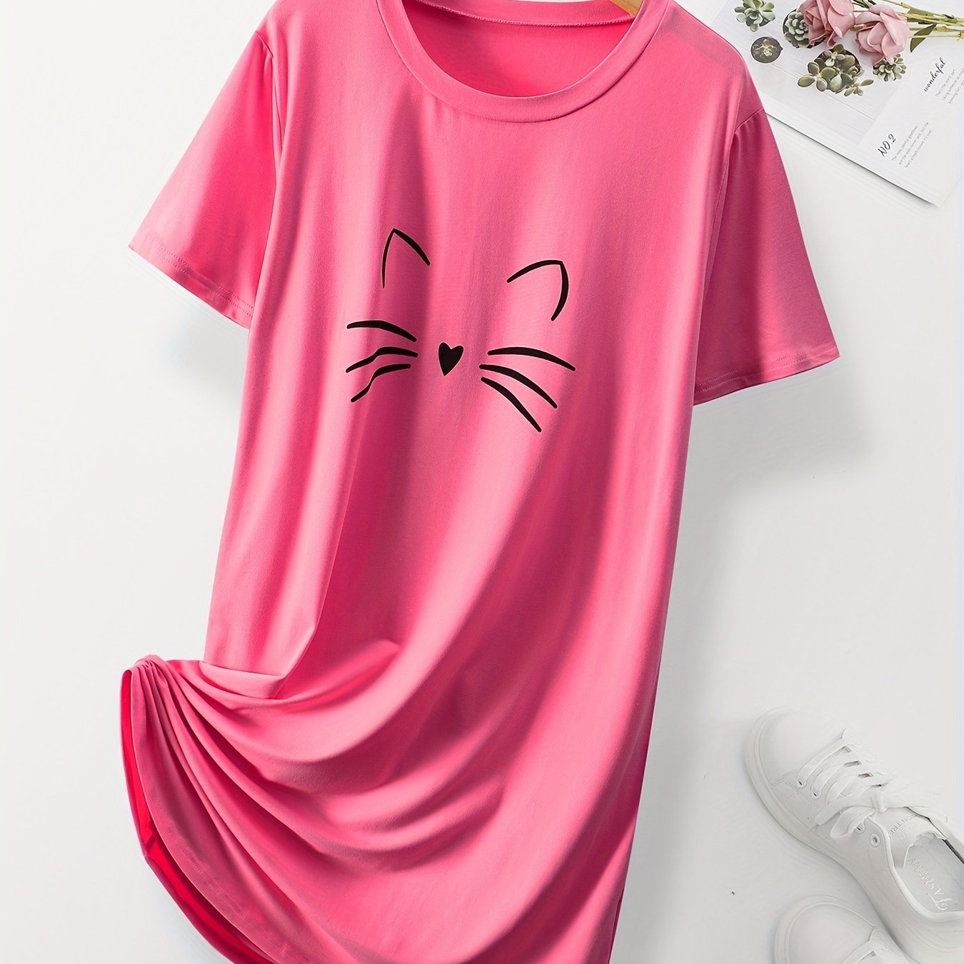 Women's Pink Cat Print Sleep Dress Short Sleeve Nightgown Lounge Wear