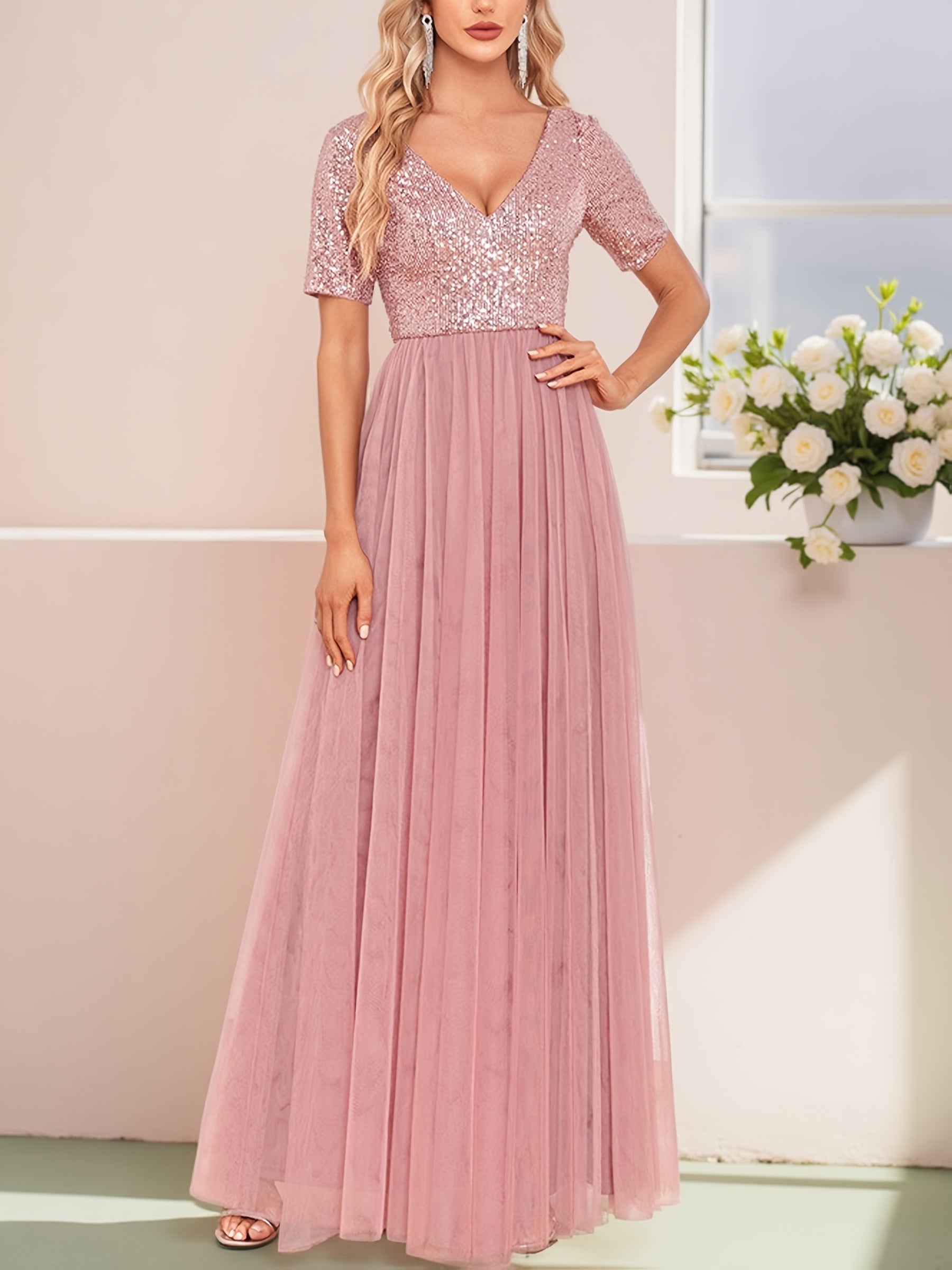 Plus Size Sequin Mesh Evening Gown V-Neck A-Line Party Dress