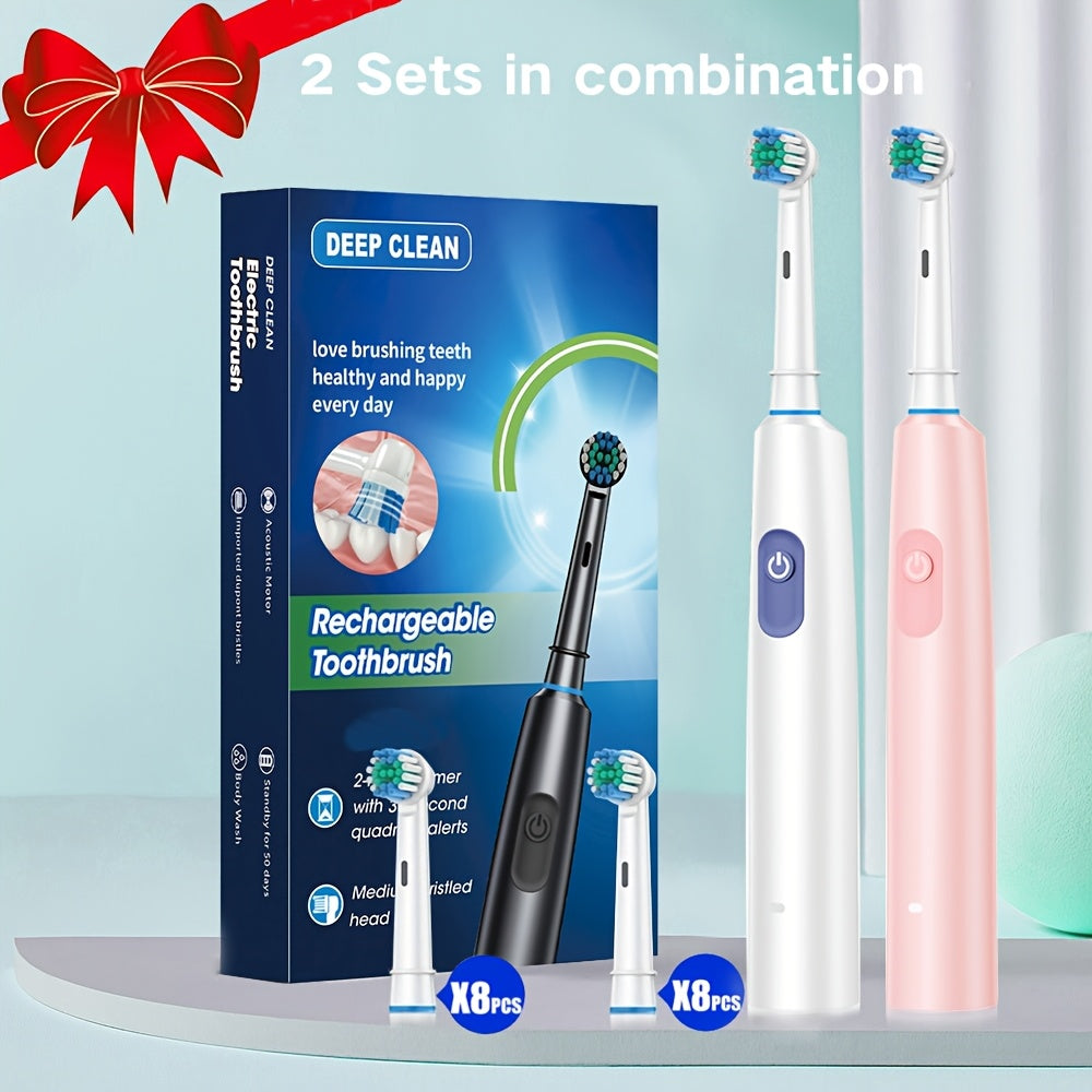 Set of 2 Electric Toothbrushes with 8 Brush Heads Rechargeable USB Charging 5 Modes