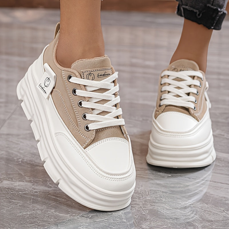 Women's Casual Low-Top Sneakers Thick Rubber Sole Lace-Up White Brown Shoes