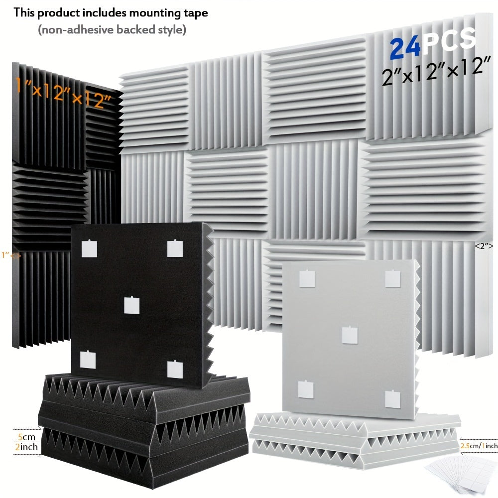 Paquete de 24 paneles de espuma acústica 30x30cm, cuñas absorbentes de sonido para estudio, oficina en casa, negro, blanco, gris
