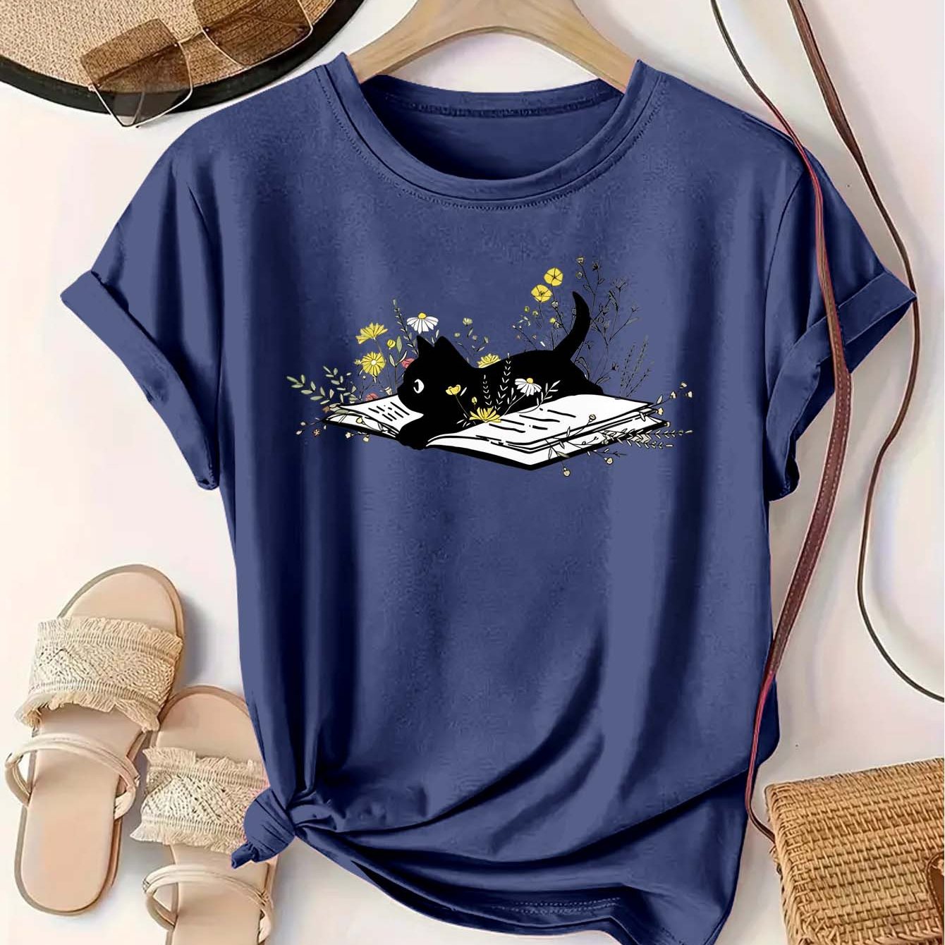 Women’s Cotton T-Shirt With Cat and Flower Print, Soft, Comfortable, Casual Top