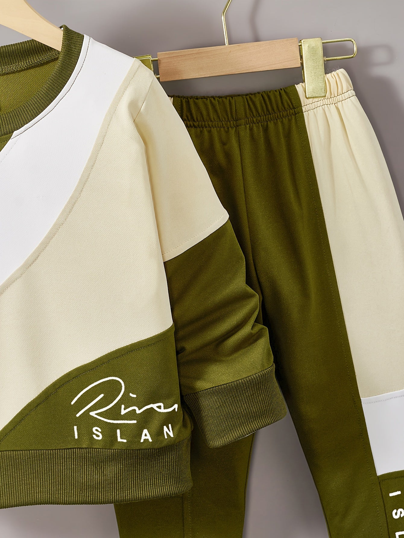 Men's and Children's Spliced Letter Print Suit with Round Neck Polyester Casual