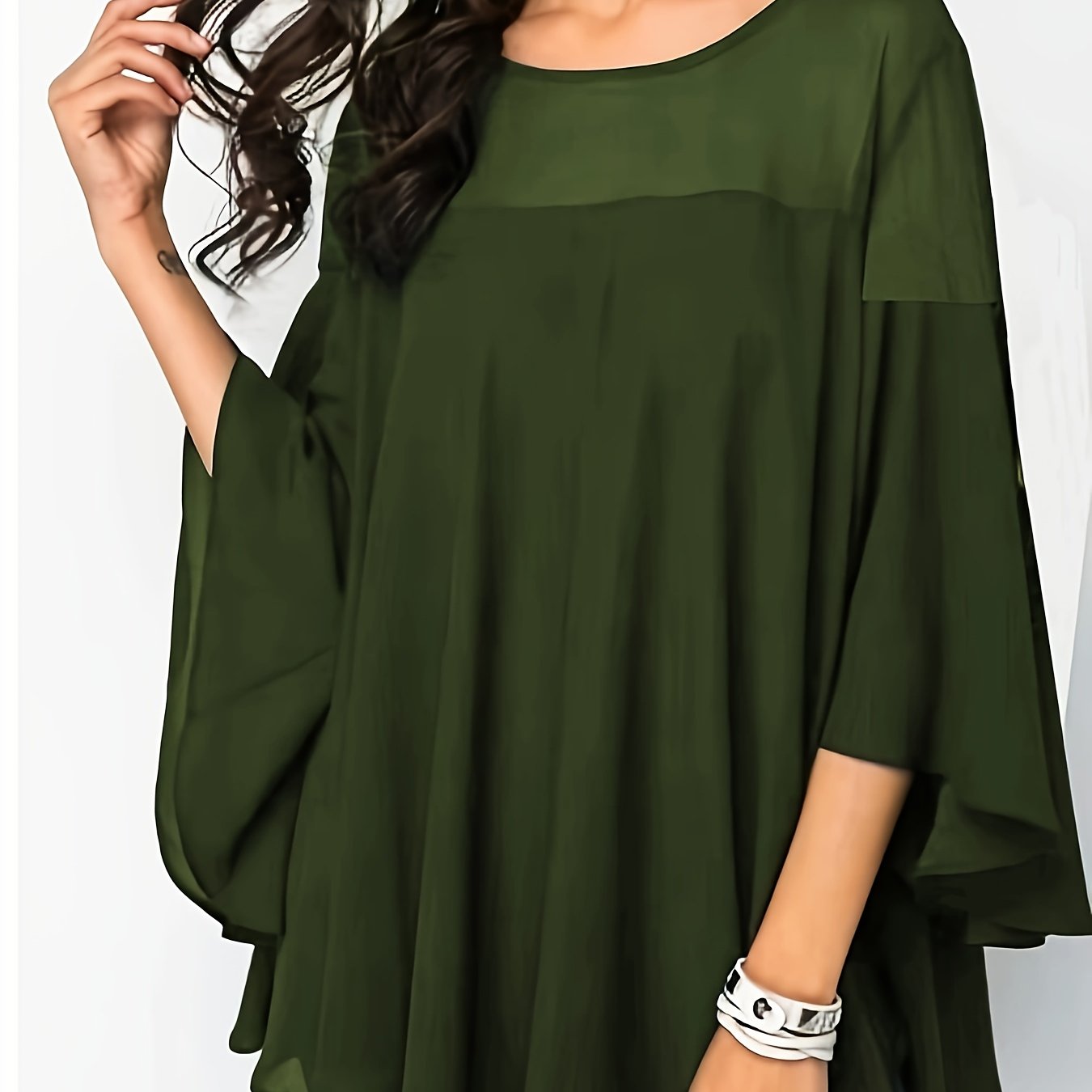 Plus Size Women's Green Blouse with Lace Detail, Half Sleeves, Crew Neck