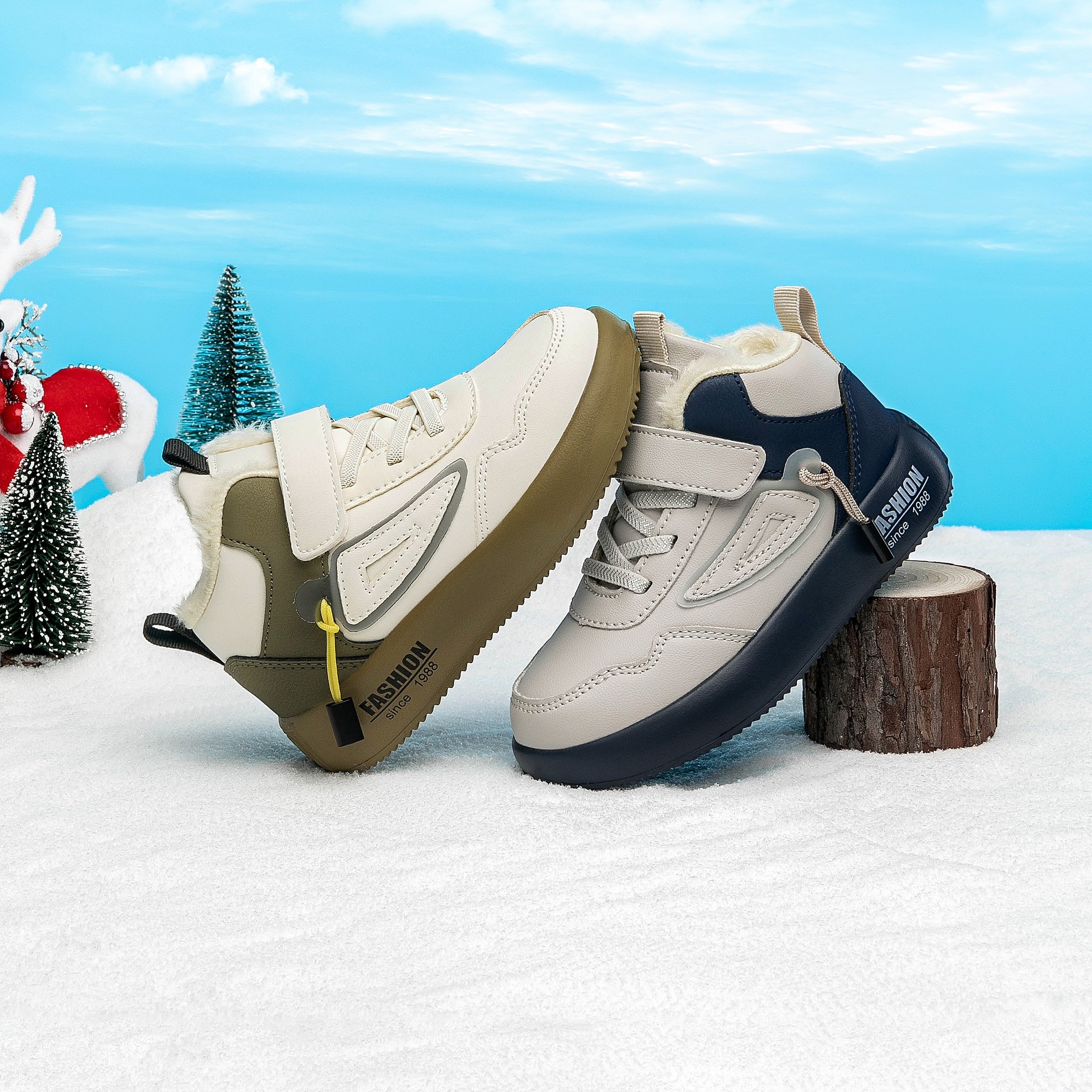 Boys Winter Snow Boots Waterproof Non-Slip Plush Lined High Tops Gray Navy