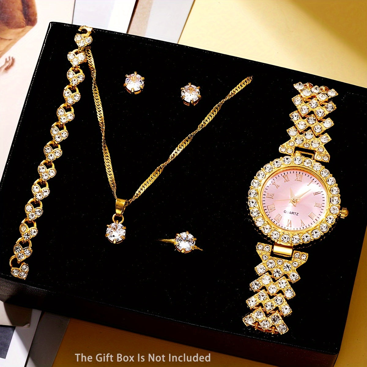 Women’s Luxury Rhinestone Quartz Watch Set with Jewelry Gift Box for Mom or Her