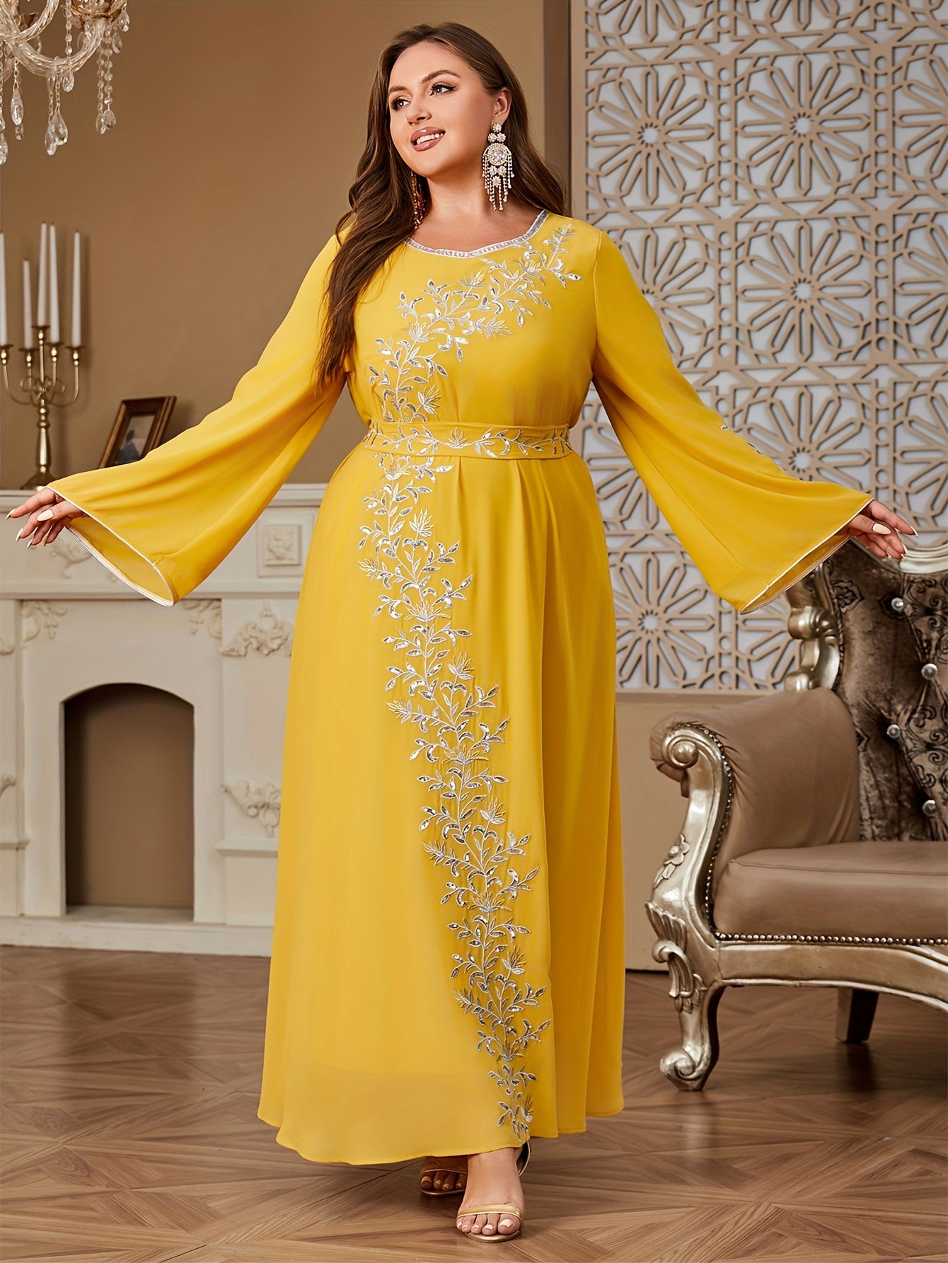Plus Size Embroidered Kaftan Dress Navy Blue Golden Floral Formal Evening Gown