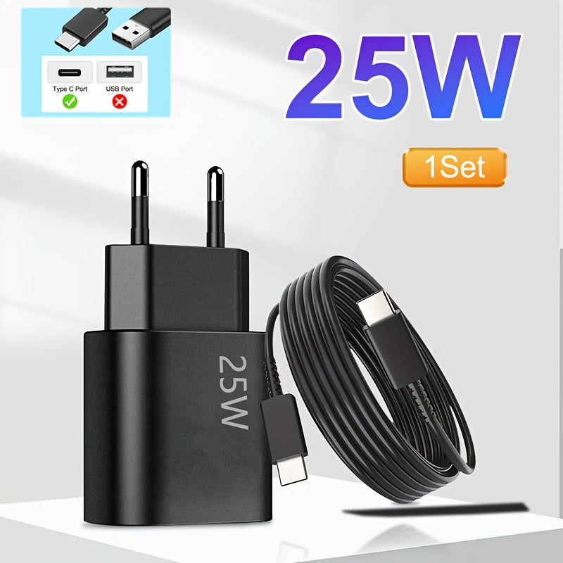 25W USB-C Fast Charger with 100cm Cable for Samsung Galaxy iPhone 15/16 iPad