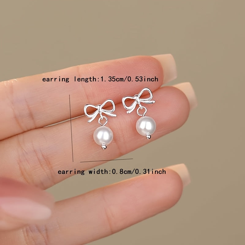 Sterling Silver Bowknot Faux Pearl Stud Earrings for Women