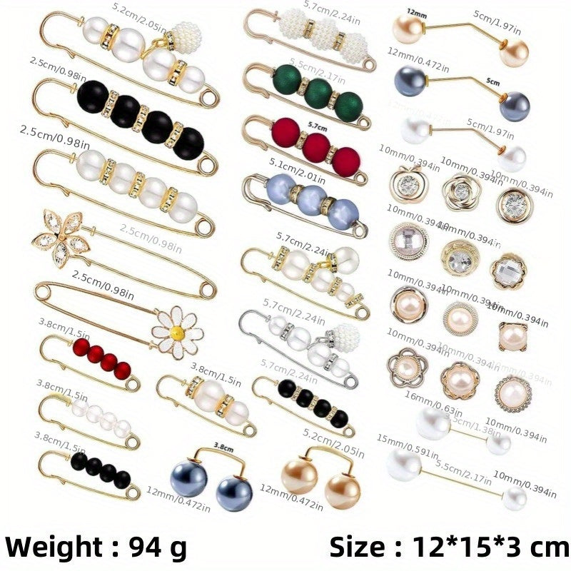 Ladies and Girls Imitation Pearl Brooch with 7-Piece Anti-Exposure Hat Clip Collar Pin