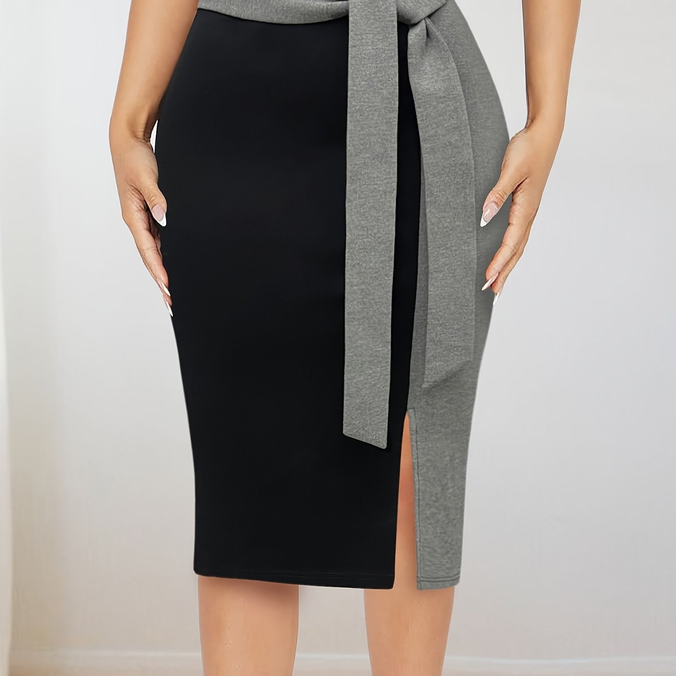 Women's Midi Skirt with Color Block Tie-Waist Rayon Blend for Office or Casual Spring Summer