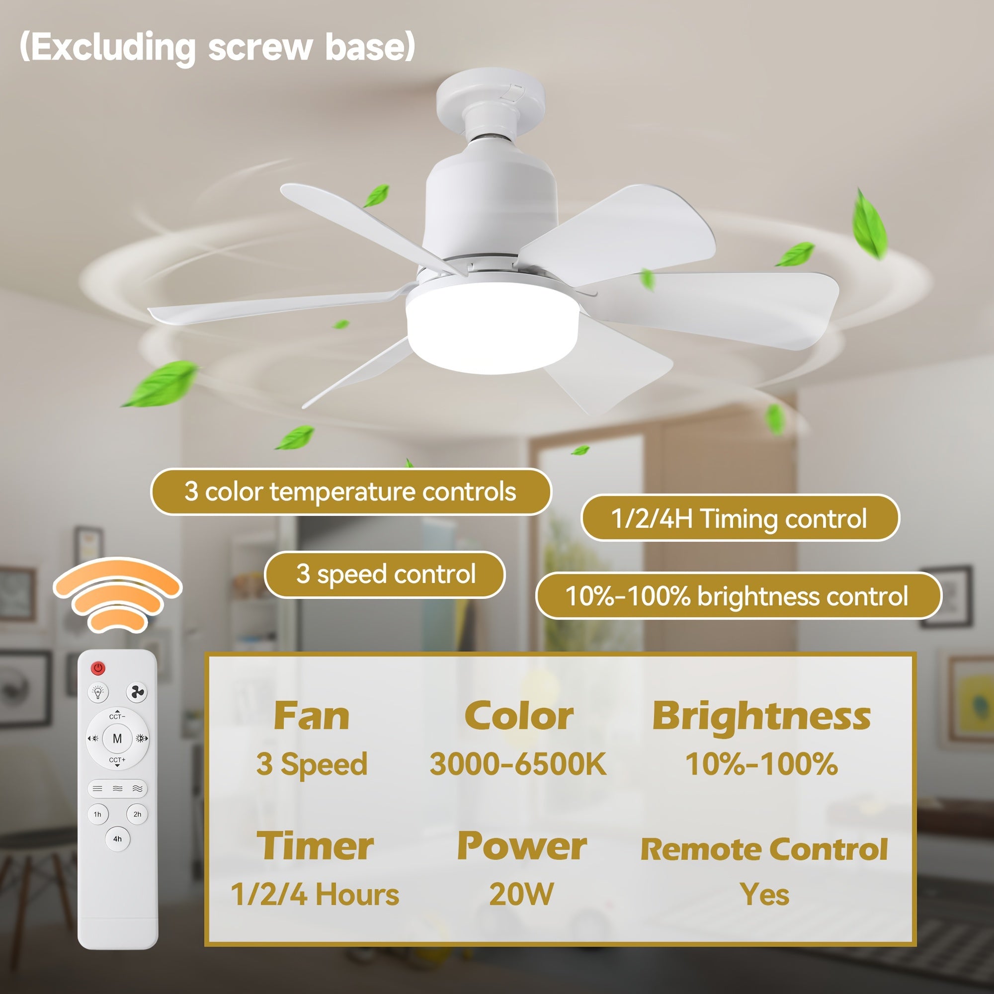 Dimmable Ceiling Fan with Remote Control and E27/E26 Bulb Socket for Indoor Rooms