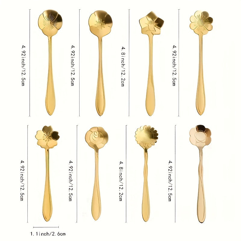 Set of 8 Flower-Shaped Stainless Steel Spoons for Tea Coffee Dessert Gold Silver