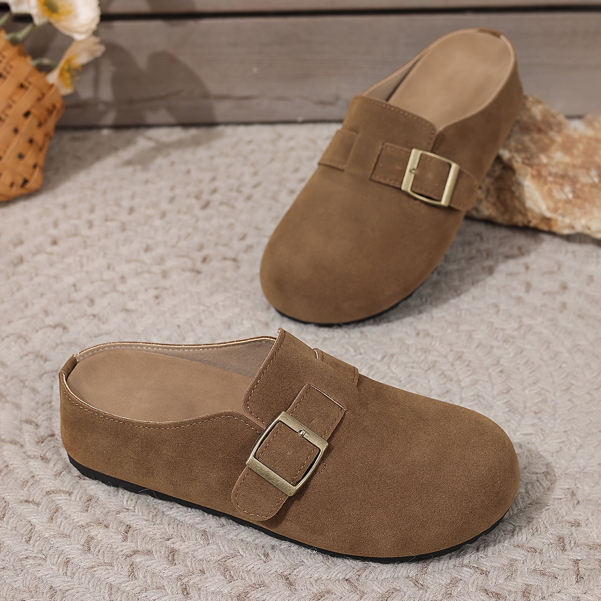 Women's Faux Leather Slip-On Mules Brown Green Buckle Casual Summer Comfort