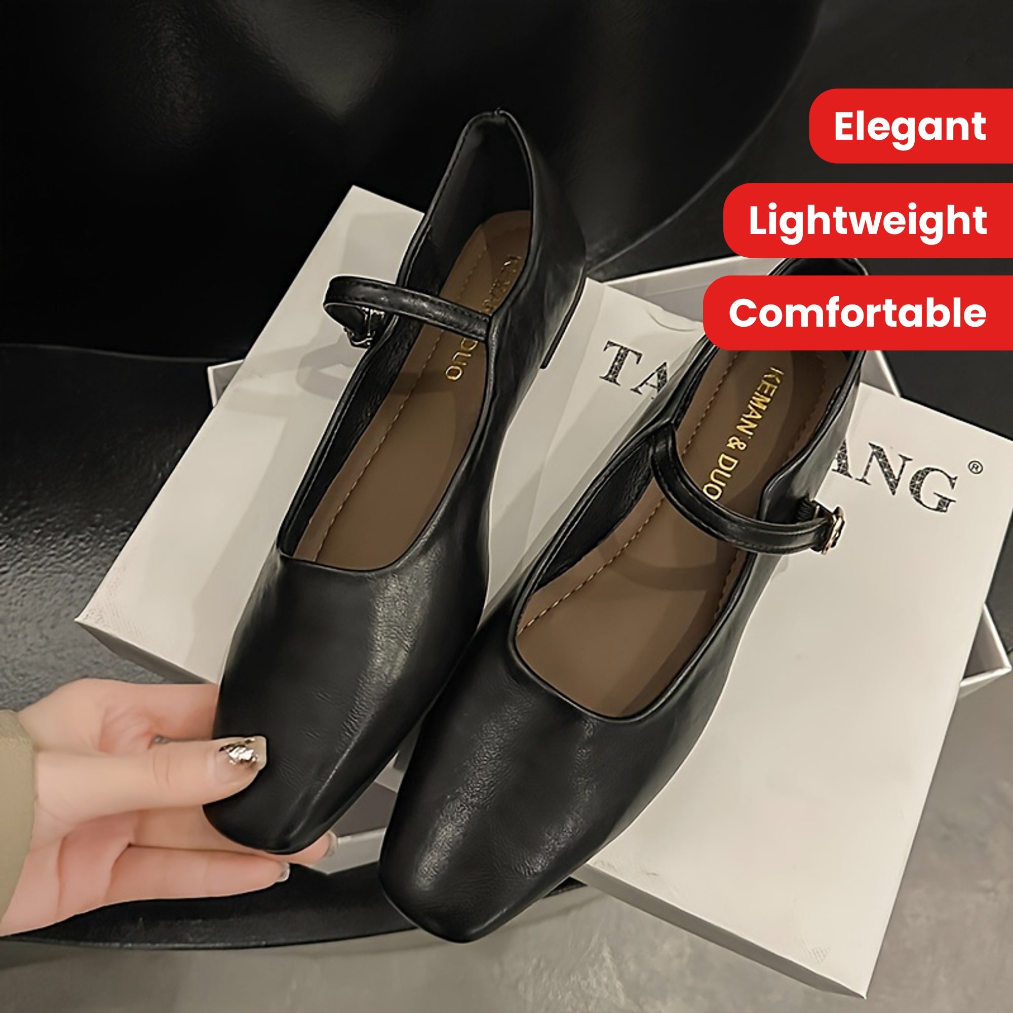 Zapatos planos negros de imitación para mujer con hebilla de correa de punta cuadrada