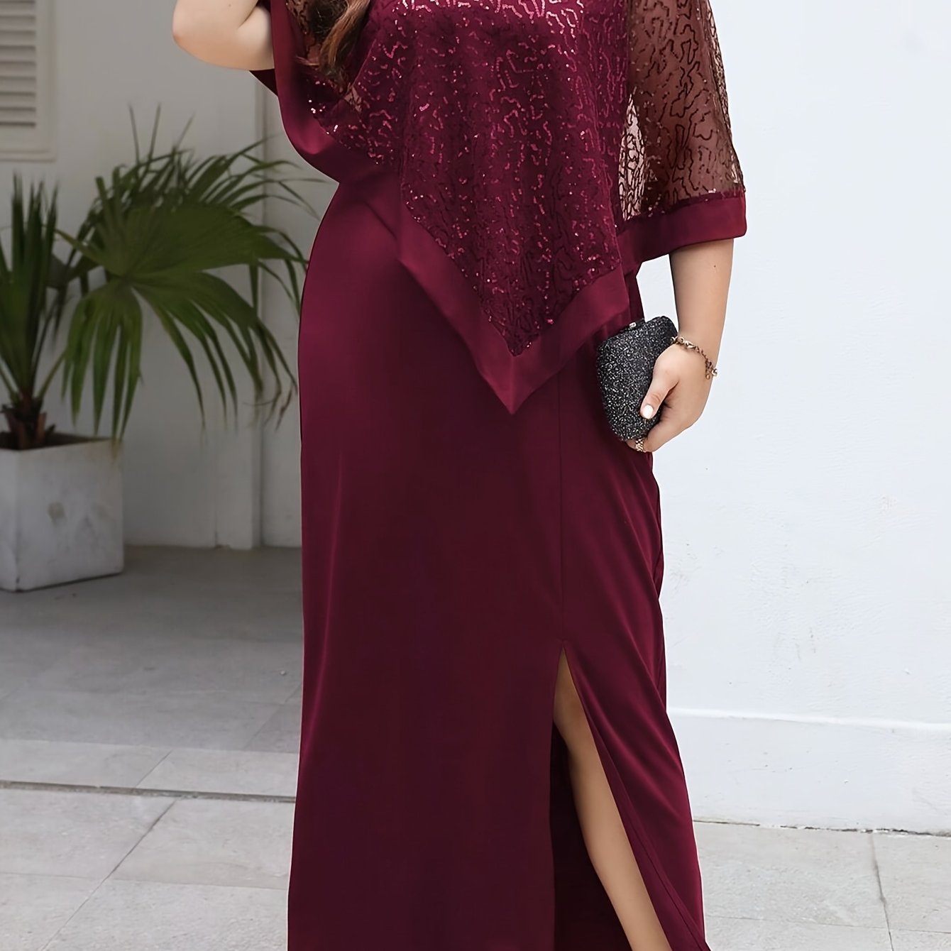 Sequin Embellished Batwing Sleeve Dress with Crew Neck and Color Block Design for Spring Summer Fall Events