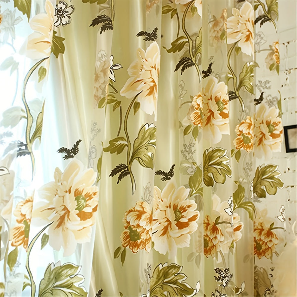 Floral Tulle Sheer Curtain Panel with Rod Pocket Purple Yellow Flowers Living Room Decor
