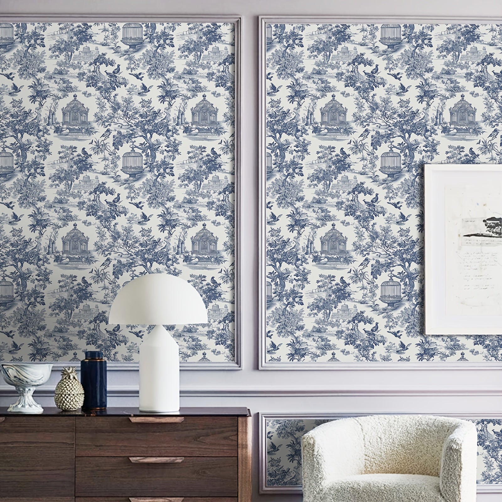 Retro Vinyl Wallpaper Blue Countryside Botanical Landscape Peel and Stick Waterproof Detachable for Home Decor