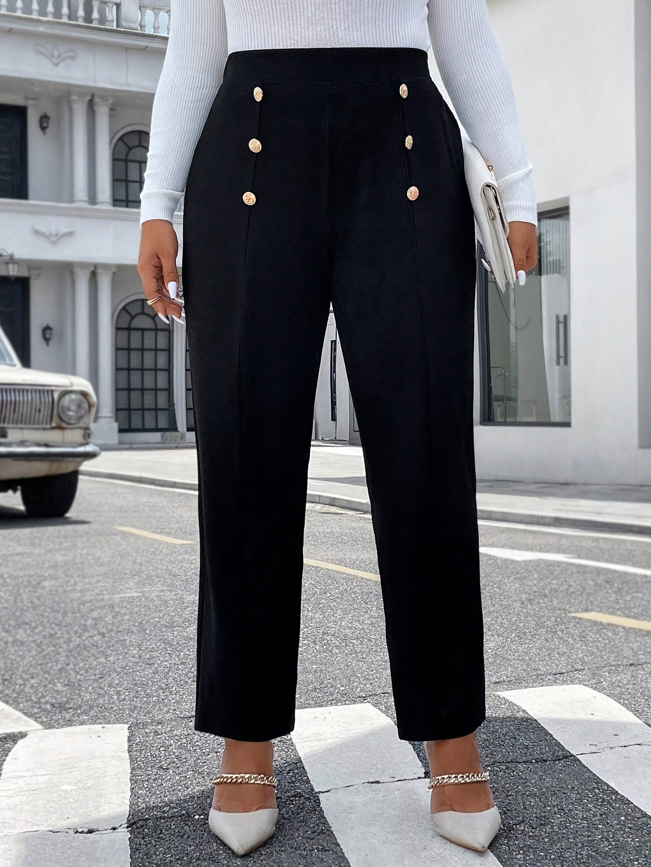 Брюки большого размера с высокой талией и прямым кроем, украшенные декоративными пуговицами, черный полиэстеровый микс