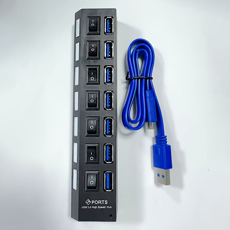 7-Port USB 3.0 Hub with LED Switch Fast Data Transfer Compatible with Laptops and PCs