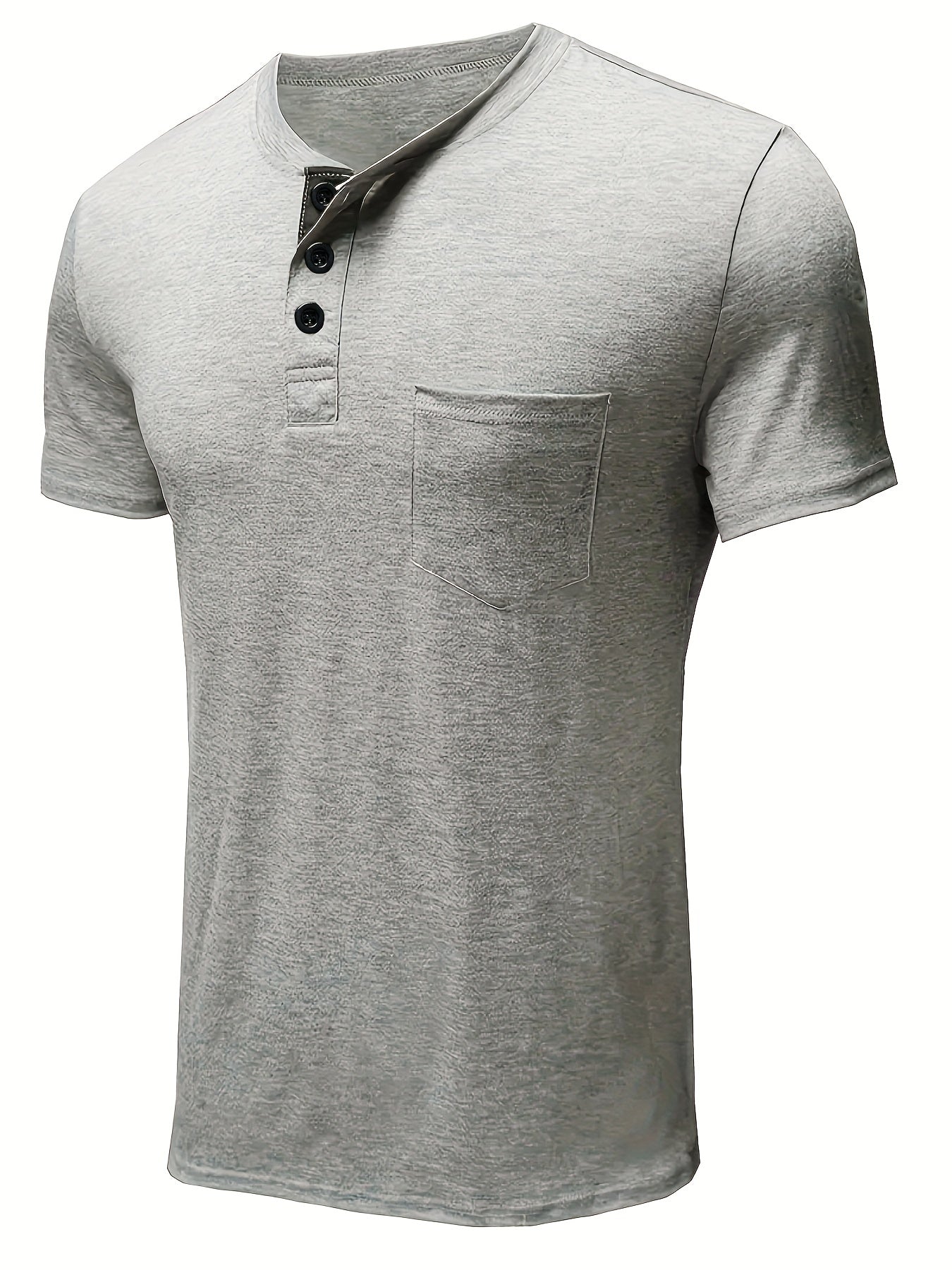 Erkaklar uchun plussiz casual Henley ko'ylagi, qattiq qora rangda, qisqa yenglar, ko'krak cho'ntagi va tugma tafsilotlari bilan, polyesterdan tayyorlangan va mashinada yuvish mumkin.