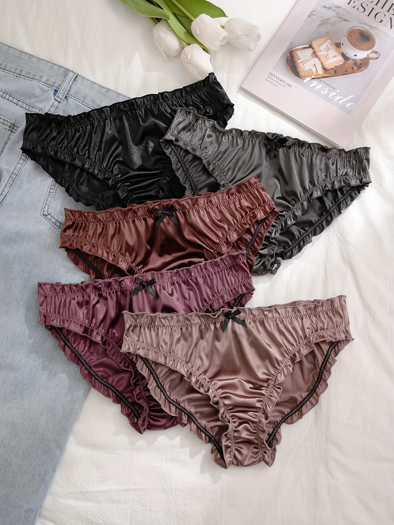 Women's Satin Bow Low Waist Briefs 5 Pack Soft Stretchy Lingerie