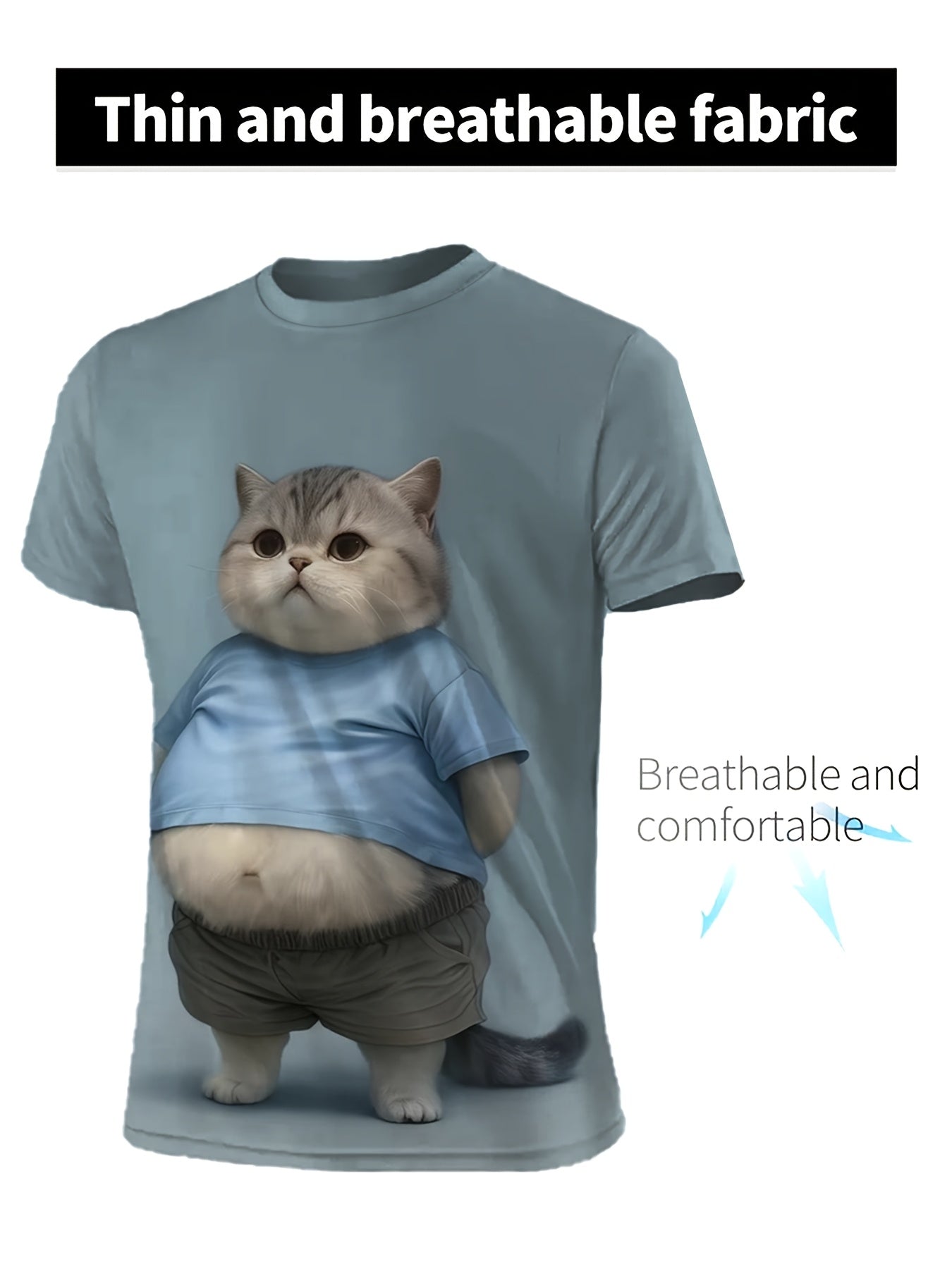Camiseta de manga corta de poliéster tricotado con impresión de gato 3D para adultos y adolescentes, casual, verano, primavera, otoño