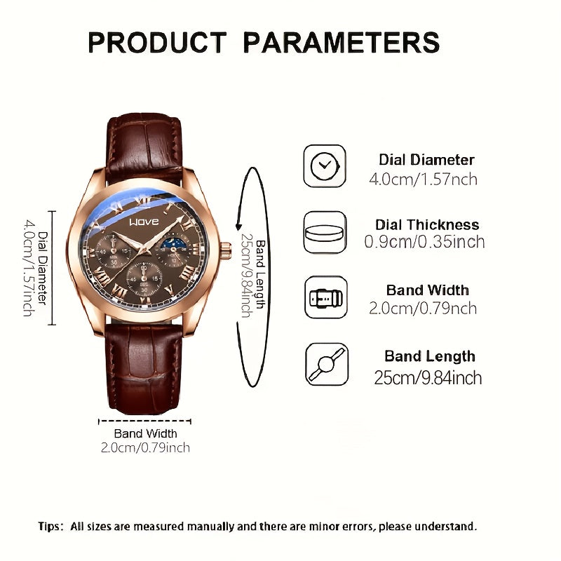 Men's Quartz Watch Business Style Round Alloy Case PU Leather Strap Non-Rechargeable Battery