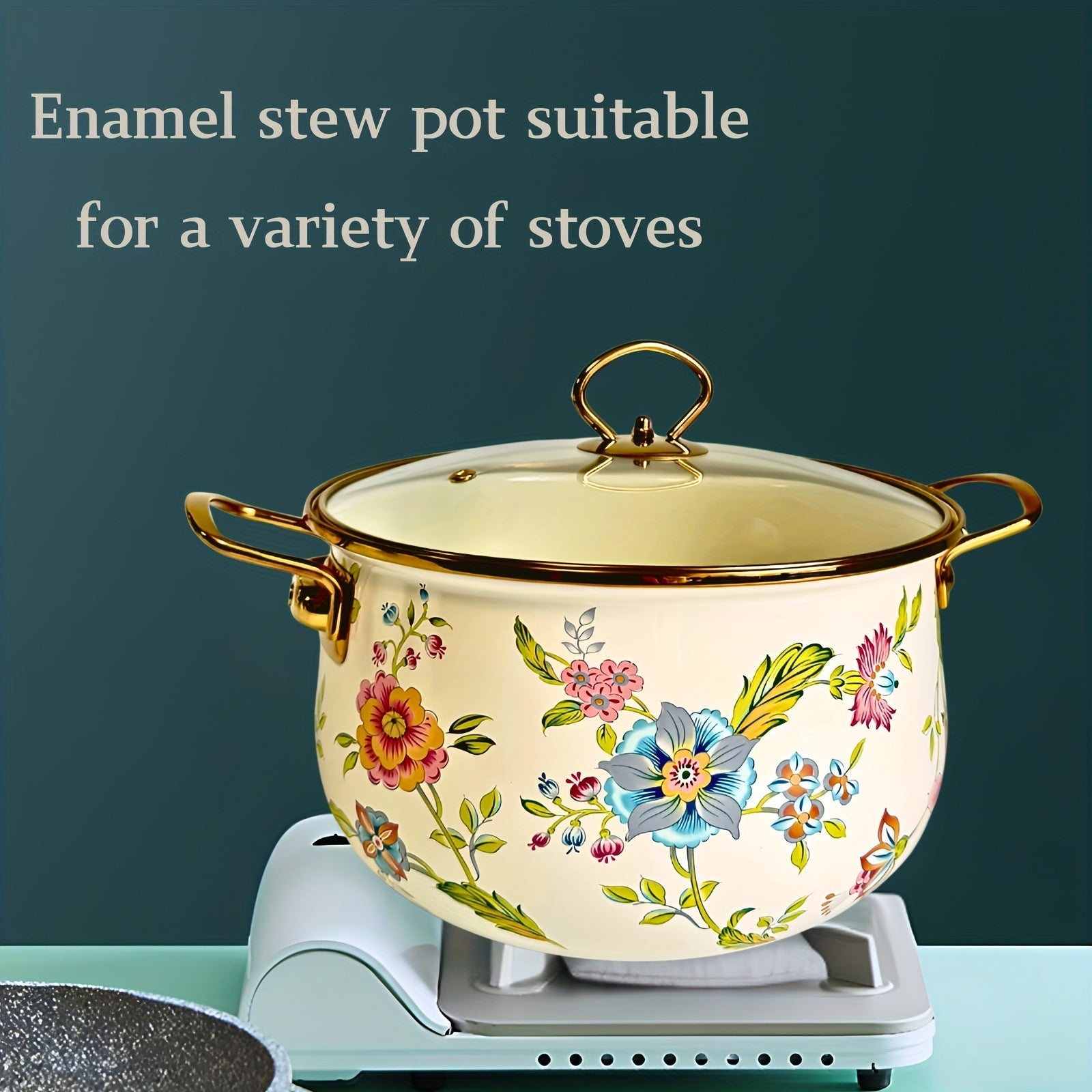 Enamel Double-Handled Soup Pot 5L Non-Stick Dishwasher Safe Floral Design