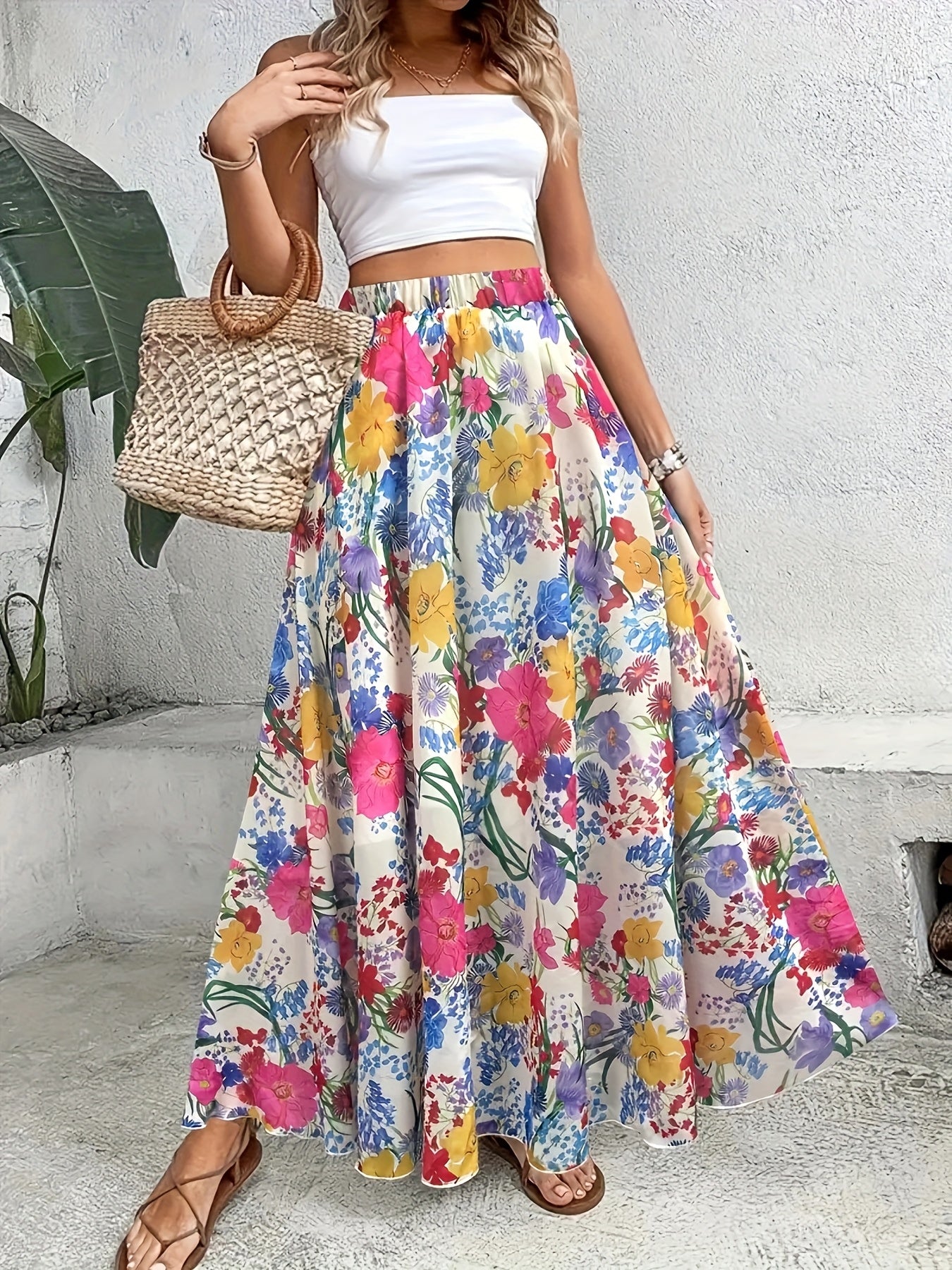 Women's Plus Size Floral Print Maxi Skirt Loose Fit Spring Summer Vacation Casual Green Pink Yellow Blue