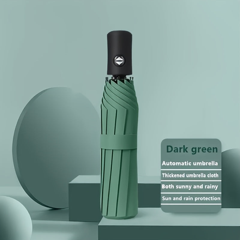 Sombrilla automática compacta verde a prueba de viento, plegable, de pongee 190T, ligera para viajes al aire libre